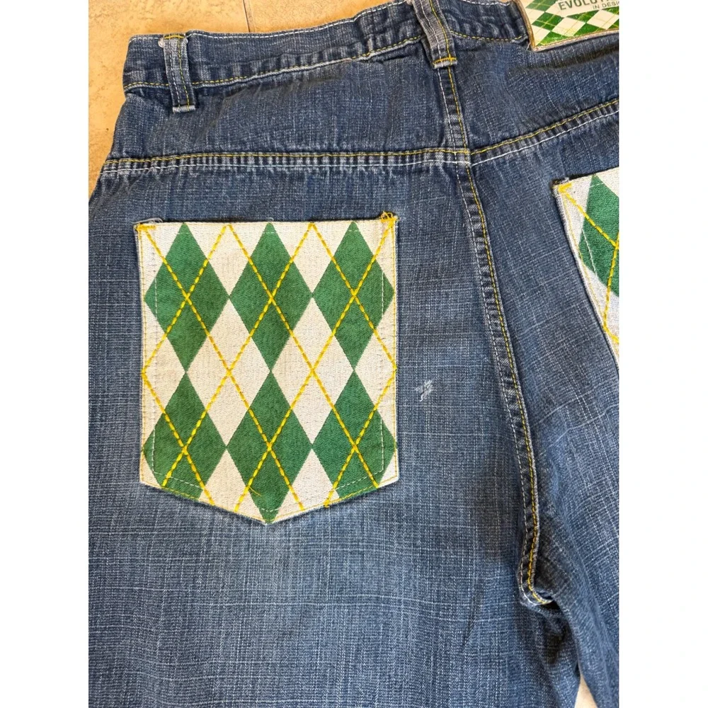 Evolution Design Men Baggy Argyle Pocket Jeans Blue Denim 38x32 Y2K Streetwear